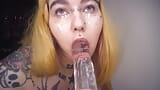 Tattooed girl and sloppy blowjob clear dildo snapshot 14