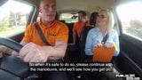Vollbusige englische Fahrlehrerin squirtet im Auto snapshot 1