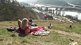 A busty blonde chick gets her shaved twat destroyed on a mountain snapshot 8