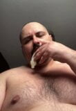 Bull goes cum pig with a condom found a the gym. snapshot 2