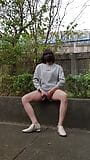 Shemale Tingxuan masturbating in park, hot pants and beautiful legs snapshot 16