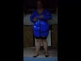 Mature Mom shows a blue lacquer dress snapshot 2