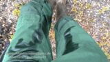 Outdoor piss and wank in green workgear and rubber boots snapshot 2