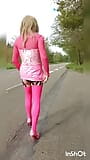 sissy in pink outfit by the road shows her ass and clit snapshot 8