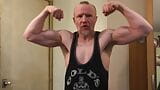 Muscular Daddy bodybuilder flexing muscles in gym vest then strips naked and jerks off his big cock! snapshot 1