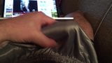 Rubbing my cock in shiny slick nylon satin grey shorts snapshot 4