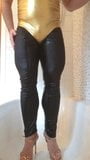 Sissy girl wets herself in shiny swimsuit and wetlook leggin snapshot 7