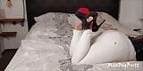 BWB MissBigButt wearing her high heel collection with white freddy leather pants and black latex corsage in bed snapshot 5