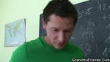 Two guys bang blonde mature teacher on the floor snapshot 7