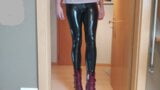 Crossdresser teasing in shiny Leggings and Heels snapshot 4