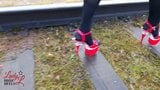 Lady L sexy walking with extreme red high heels. snapshot 9