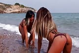 Stunning looking French ladies sharing a dick on a beach snapshot 1