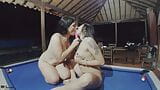 Sexy and naughty Latina lesbians with sex toys eating their pussies on the pool table- Spanish Porn snapshot 20