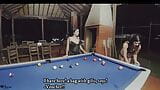 Sexy and naughty Latina lesbians with sex toys eating their pussies on the pool table- Spanish Porn snapshot 2
