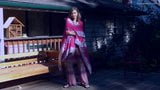 Hippie lucu menari dengan rok di teras kayu snapshot 1