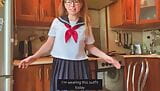 cosplay in japanese school uniform, girl masturbates and cums in the kitchen snapshot 1