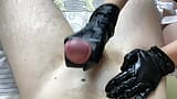 Handjob in black latex gloves from my girlfriend in white stockings snapshot 9