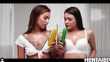 HENTAIED - Cucumber & Banana in pussy of two hot girls snapshot 2