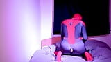 Spiderman zentai use a dildo and cum snapshot 10