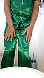 Crossdresser masturbate and cum wearing shiny satin pajamas snapshot 6