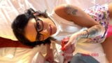 Bend Over Hot Tattooed Brunette with glasses gives a precum milking slow handjob while cock teasing and legs spreading snapshot 11