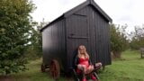 PVC Wearing Tranny Outdoors Cumming in the Rain snapshot 9