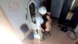 Camera in nude barbershop. Hairdresser makes lady undress to cut her hair. Barber, nudism. CAM 2 snapshot 11