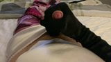 CD Handjob with black satin gloves on white satin snapshot 6