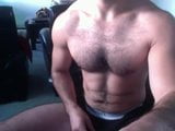 Furry chested muscle bate and cum while talking on mobile snapshot 4