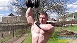 Roided Muscle Bodybuilder Pumps Up in Backyard snapshot 9