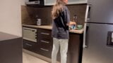 Wife fucked hard with tongue while washing dishes in the kitchen, getting her to cum before her stepmom gets home. snapshot 1