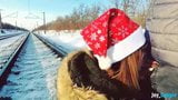 Girl in fur coat give blowjob on railway snapshot 1