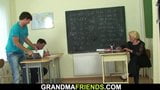 Two boys screw old hairy granny teacher on the floor snapshot 5