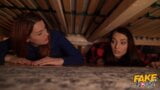 Fake Hostel Halloween Special - Stuck Under A Bed 2 - redhead and brunette get pumped while stuck snapshot 3