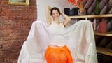 Stunning hairy Claire in orange skirt strps and masturbates snapshot 3