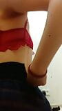 Morning homemade striptease in red lingerie. Close-up snapshot 4