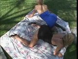 2 blonde hotties share a cock outdoors snapshot 3