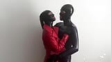 TouchedFetish - Real married amateur fetish Couple in shiny Latex Rubber Catsuits - Kissing an licking each other - Homemade snapshot 9