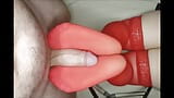 Legs in red stockings masturbate cock, trying to get sperm snapshot 11