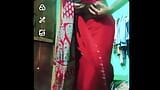 Indian gay Crossdresser xxx nude in red saree showing his bra and boobs snapshot 5