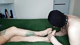 Foot fetish. Dominatrix Nika and her submissive foot slave. Massaging and licking feet, sucking toes snapshot 6