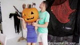 Naughty stepmom Tia Cyrus gives blowjob through pumpkin head snapshot 1