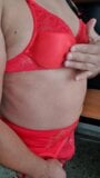 Red lingerie, getting warm in red stockings, panties, bra and garter belt snapshot 6