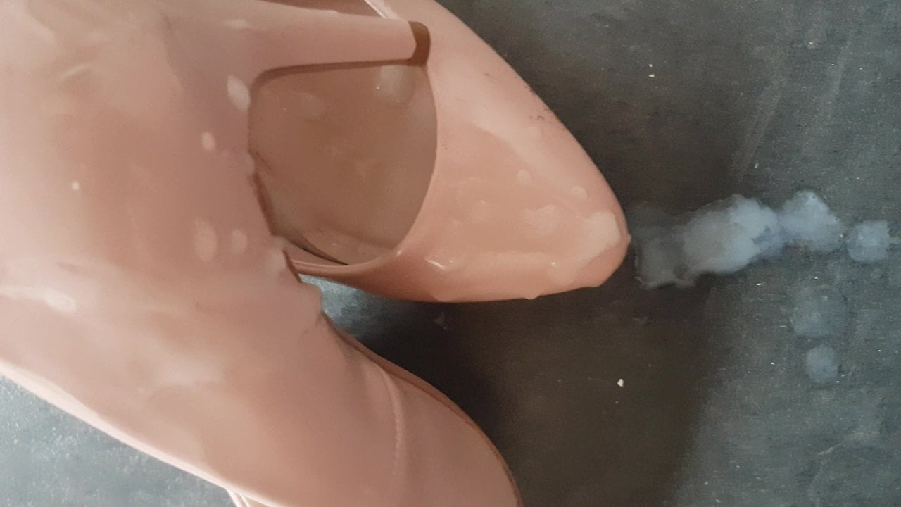 Cumming on my wife's new patent nude high heels