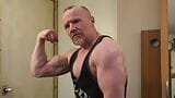 Muscular Daddy bodybuilder flexing muscles in gym vest then strips naked and jerks off his big cock! snapshot 4