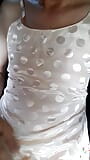 Asian Crossdresser Cum Wearing Satin Polkadot Longdress snapshot 13