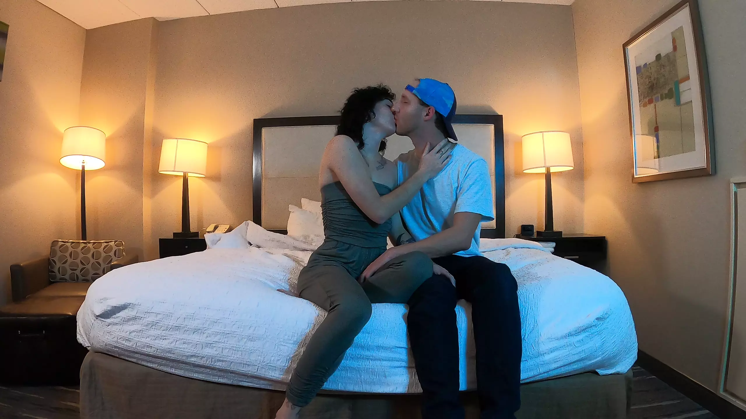 Interior bedroom hug relationship couple romance