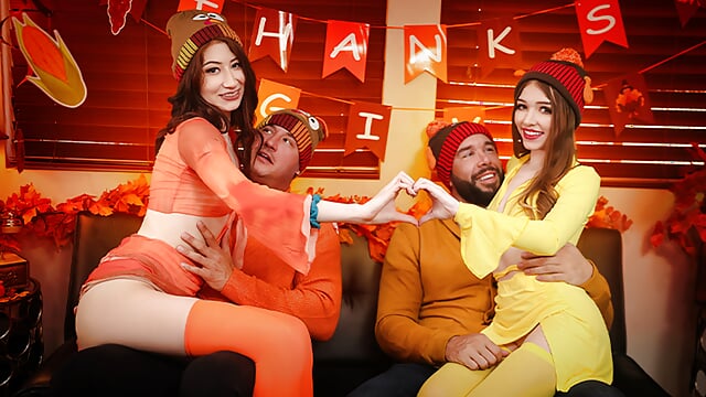 How the stepdaughters of a family celebrated Thanksgiving with their horny stepfathers in a crazy orgy.
