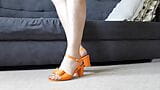 Crossdresser Sussanne. Sexy hairy legs in pantyhose. Nylon feet. Orange high heels sandals. snapshot 9