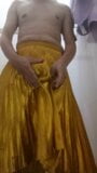 Wetting and Cumming Wearing Shiny Gold Pleated Skirt snapshot 4